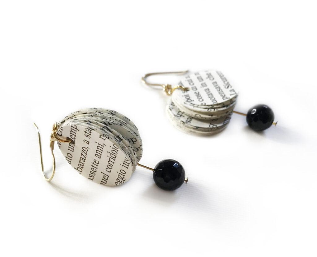 Long dangle earrings with circle made of recycled paper from books and black onyx beads