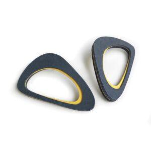 Grey and yellow triangular-shaped geometric earrings made of paper