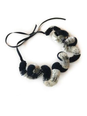Choker necklace made of black paper and recycled book paper, glass beads as spacers, twist design