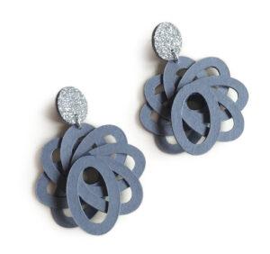 large pearl gray flower-shaped earrings, dangling and made of paper