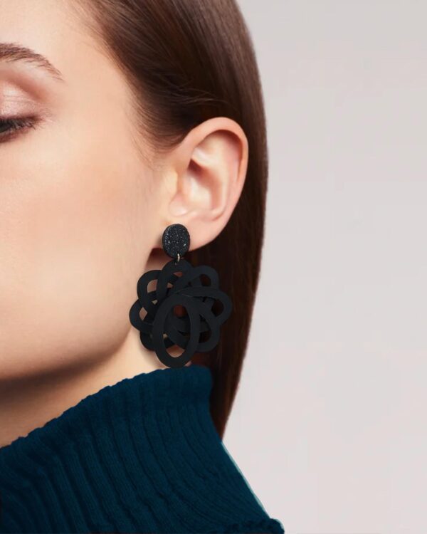 large flower-shaped dangle earrings made of paper color black